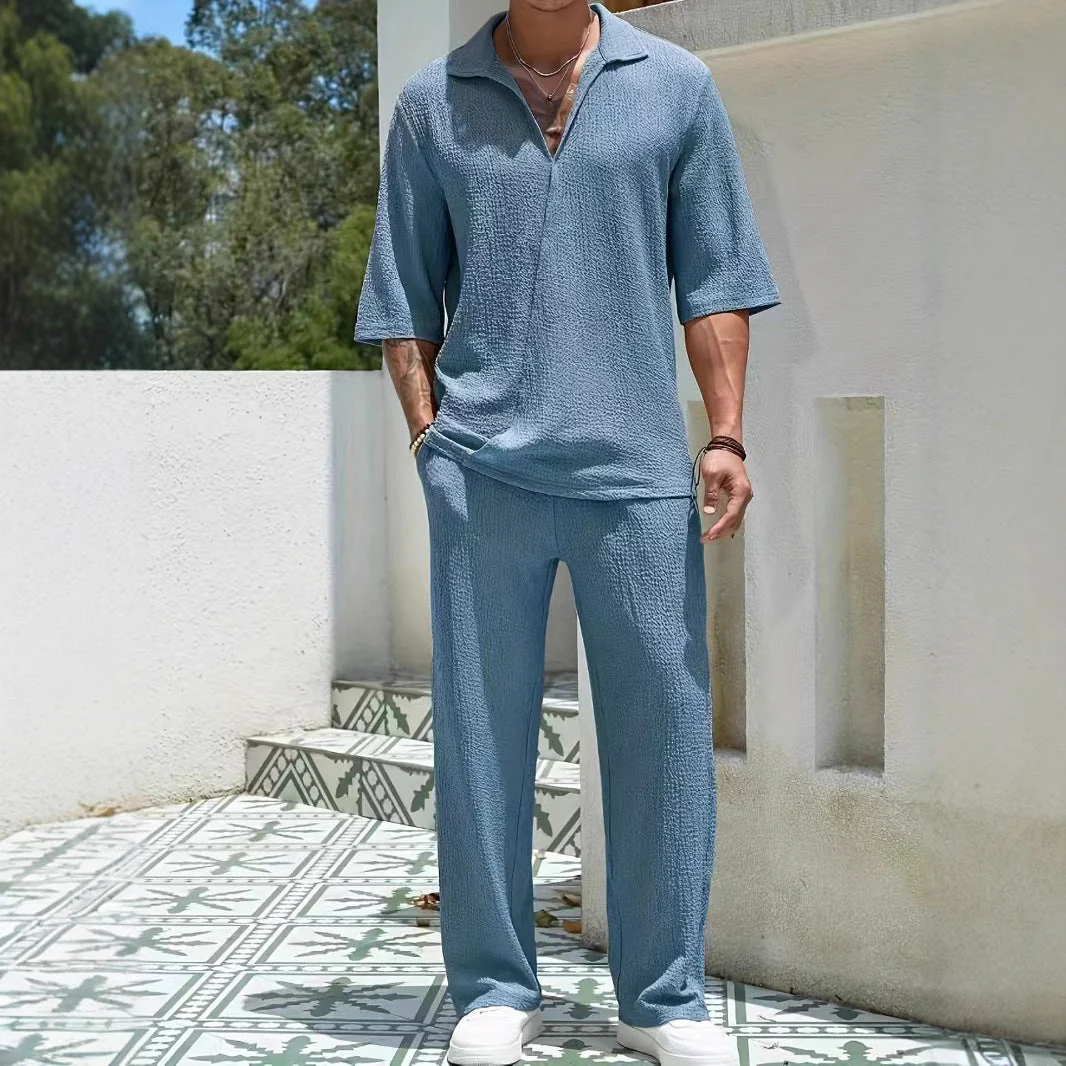 Men's Set – Relaxed Fit Shirt with Zip Collar & Straight Pants – Breathable Fabric - Image 3