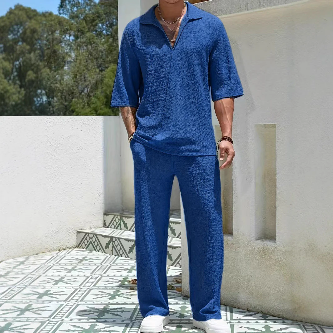 Men's Set – Relaxed Fit Shirt with Zip Collar & Straight Pants – Breathable Fabric - Image 6