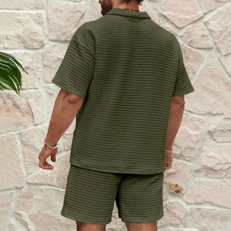 Men's Set – Relaxed Fit – Breathable Waffle Effect – Top with Zip Collar & Shorts - Image 3