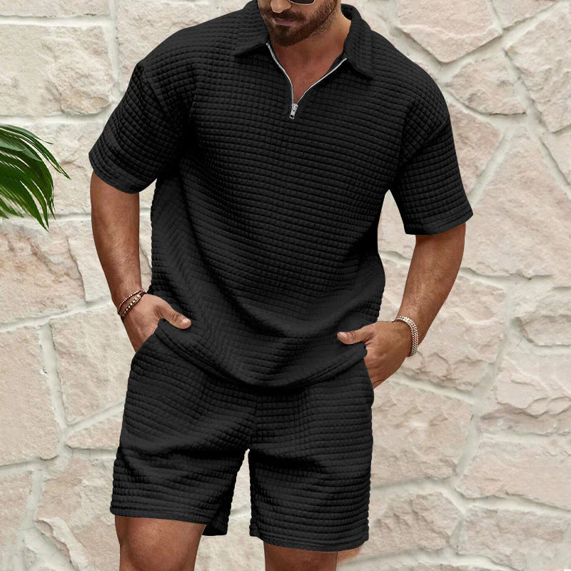 Men's Set – Relaxed Fit – Breathable Waffle Effect – Top with Zip Collar & Shorts - Image 4