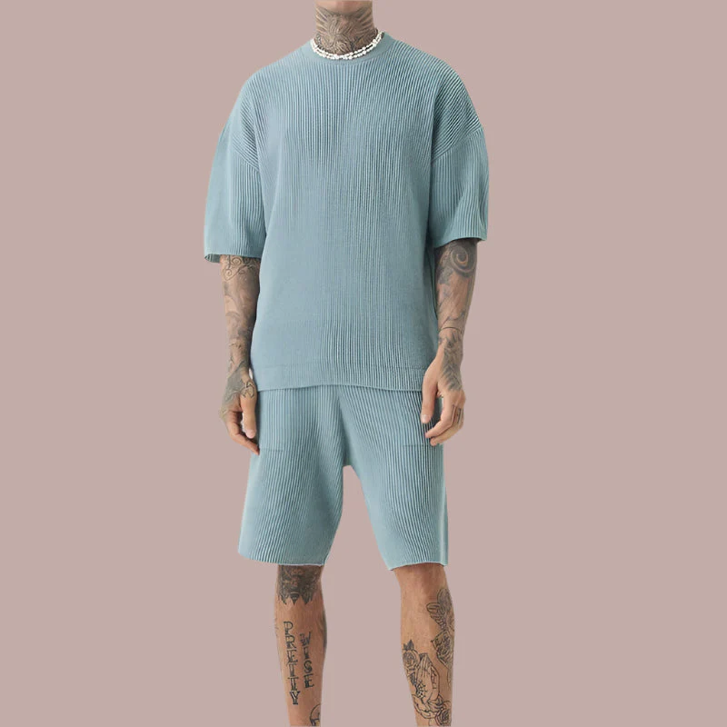 Men's Set – Relaxed Fit – Ribbed Soft Knit – T-shirt with Short Sleeve and Shorts - Image 3