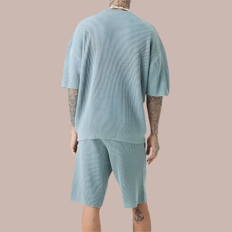 Men's Set – Relaxed Fit – Ribbed Soft Knit – T-shirt with Short Sleeve and Shorts - Image 4