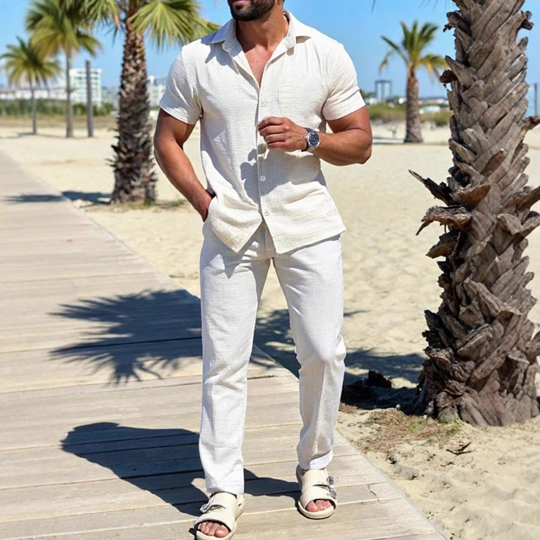 Men's Set Shirt and Pants – Regular Fit – Short Sleeve – Breathable Natural Fabric - Image 2