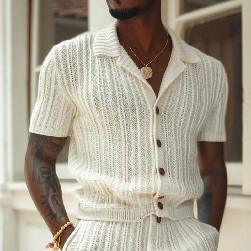 Men's Set – Slim Fit Shirt and Shorts – Polo Collar – Soft Breathable Knit - Image 2