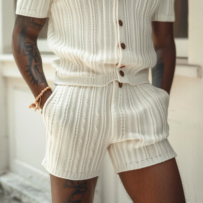 Men's Set – Slim Fit Shirt and Shorts – Polo Collar – Soft Breathable Knit - Image 3
