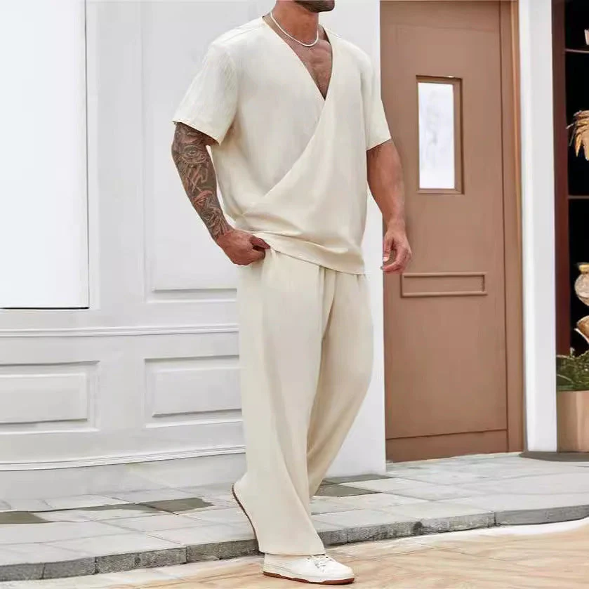 Men's Set – V-neck T-shirt with Short Sleeves – Relaxed Fit – Breathable Long Pants - Image 4