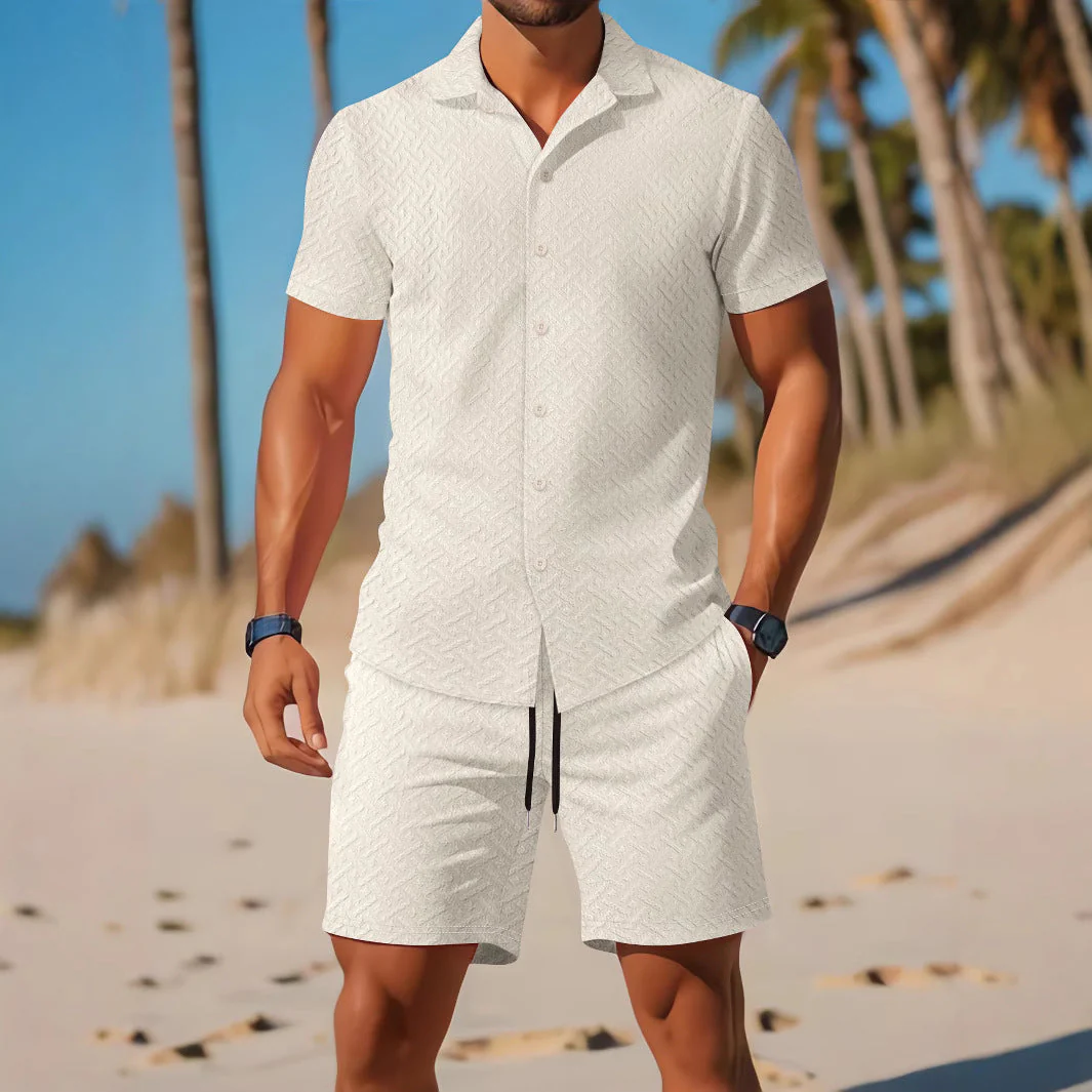 Men's Set of Shirt and Shorts – Slim Fit – Embossed – Breathable for Casual Wearing Comfort - Image 2
