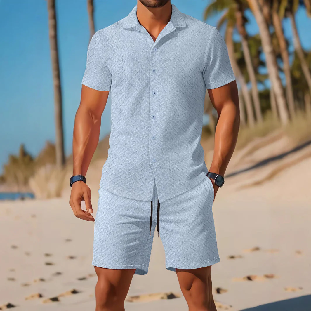 Men's Set of Shirt and Shorts – Slim Fit – Embossed – Breathable for Casual Wearing Comfort - Image 3