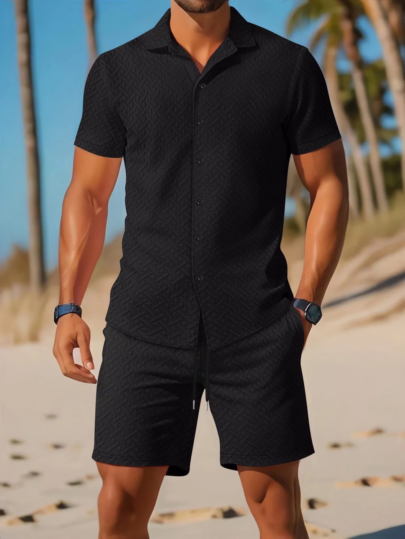 Men's Set of Shirt and Shorts – Slim Fit – Embossed – Breathable for Casual Wearing Comfort - Image 5