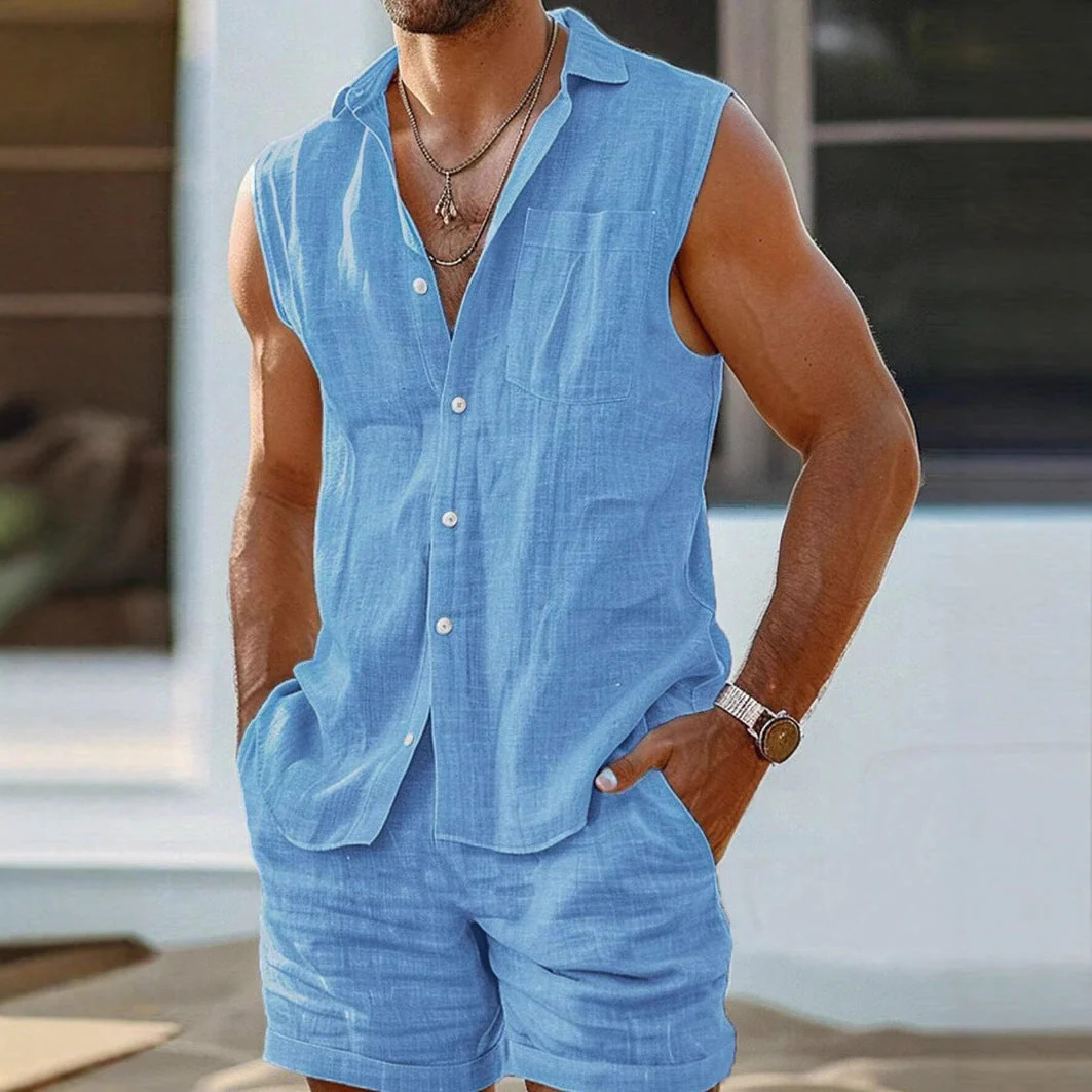 Men's Set Sleeveless – Loose Fit – Breathable Fabric – Casual Button Closure - Image 3