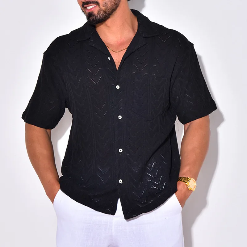 Men's Shirt – Relaxed Fit – Jacquard Texture – Soft Breathable Knit – Short Sleeve - Image 2