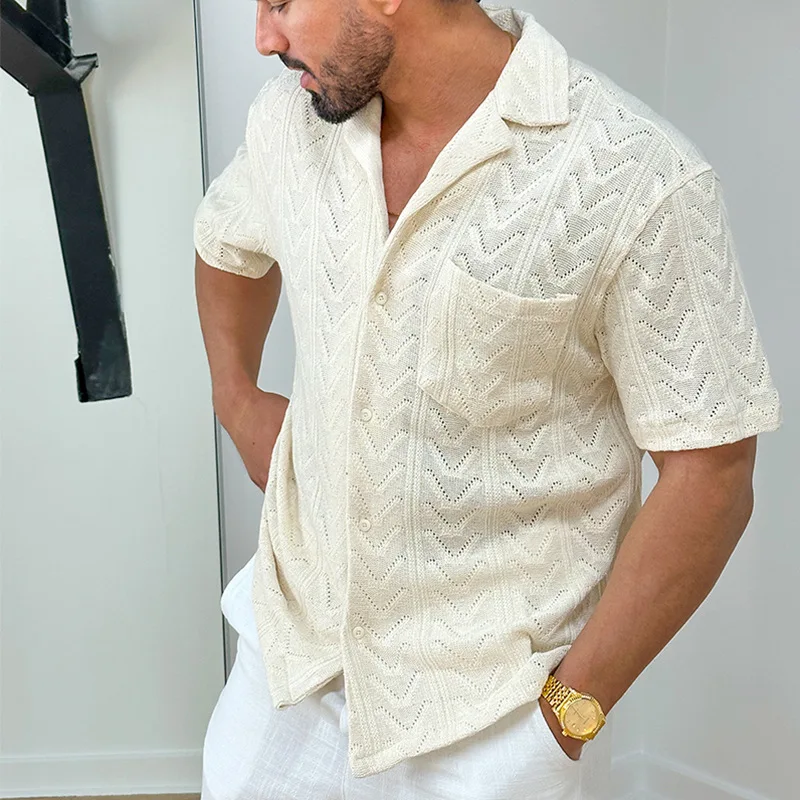 Men's Shirt – Relaxed Fit – Jacquard Texture – Soft Breathable Knit – Short Sleeve - Image 3