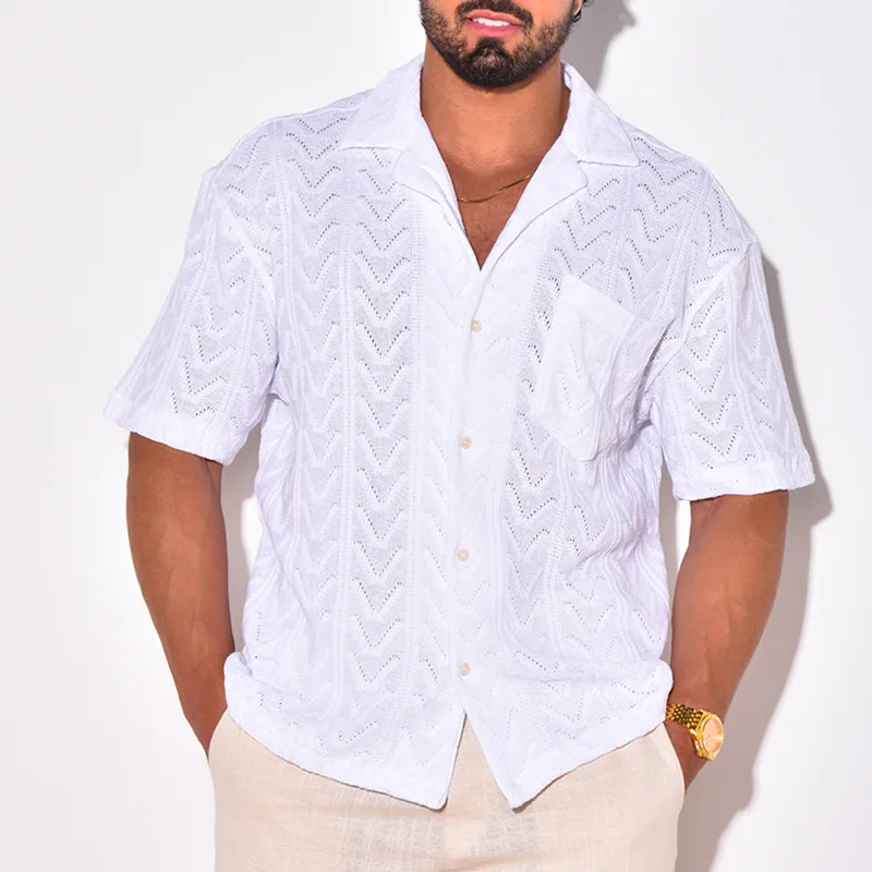 Men's Shirt – Relaxed Fit – Jacquard Texture – Soft Breathable Knit – Short Sleeve - Image 4