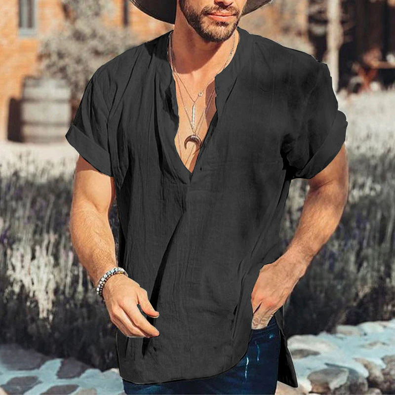 Men's Shirt – Relaxed Fit – Short Sleeve – V-Neck – Breathable Natural Textile - Image 2