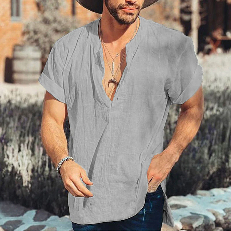 Men's Shirt – Relaxed Fit – Short Sleeve – V-Neck – Breathable Natural Textile - Image 3