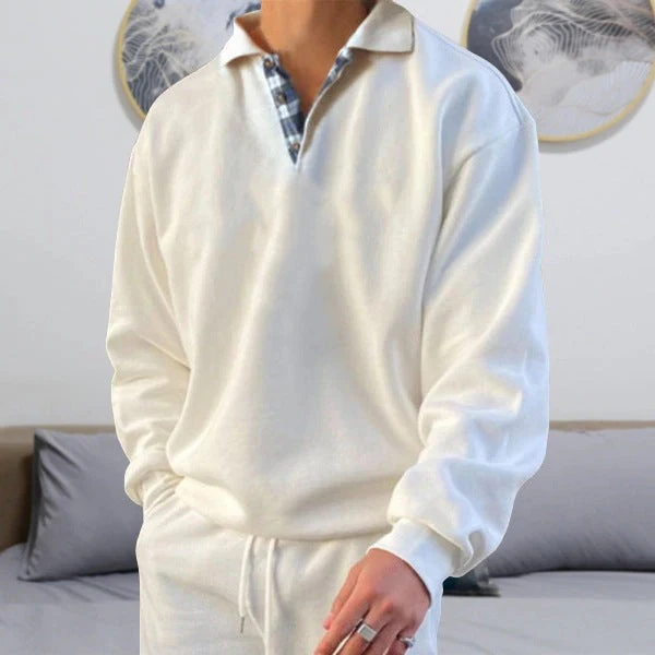 Men's Sweatshirt – Loose Fit – V-Neck with Lapels – Soft Knit – Ribbed Trims - Image 3