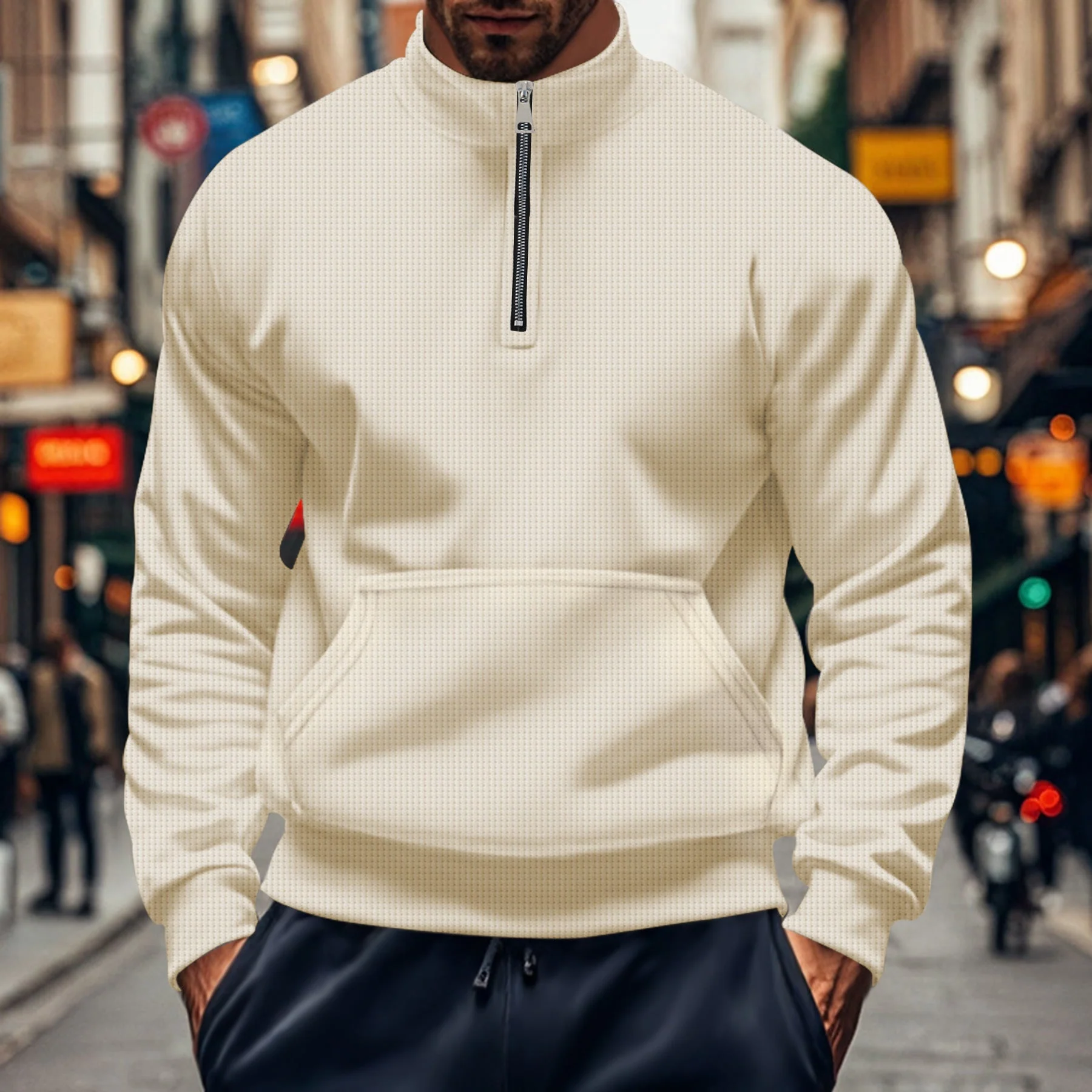 Men's Sweatshirt – Relaxed Fit – Half Zip – Kangaroo Pocket – Ribbed Cuffs – Cotton - Image 2