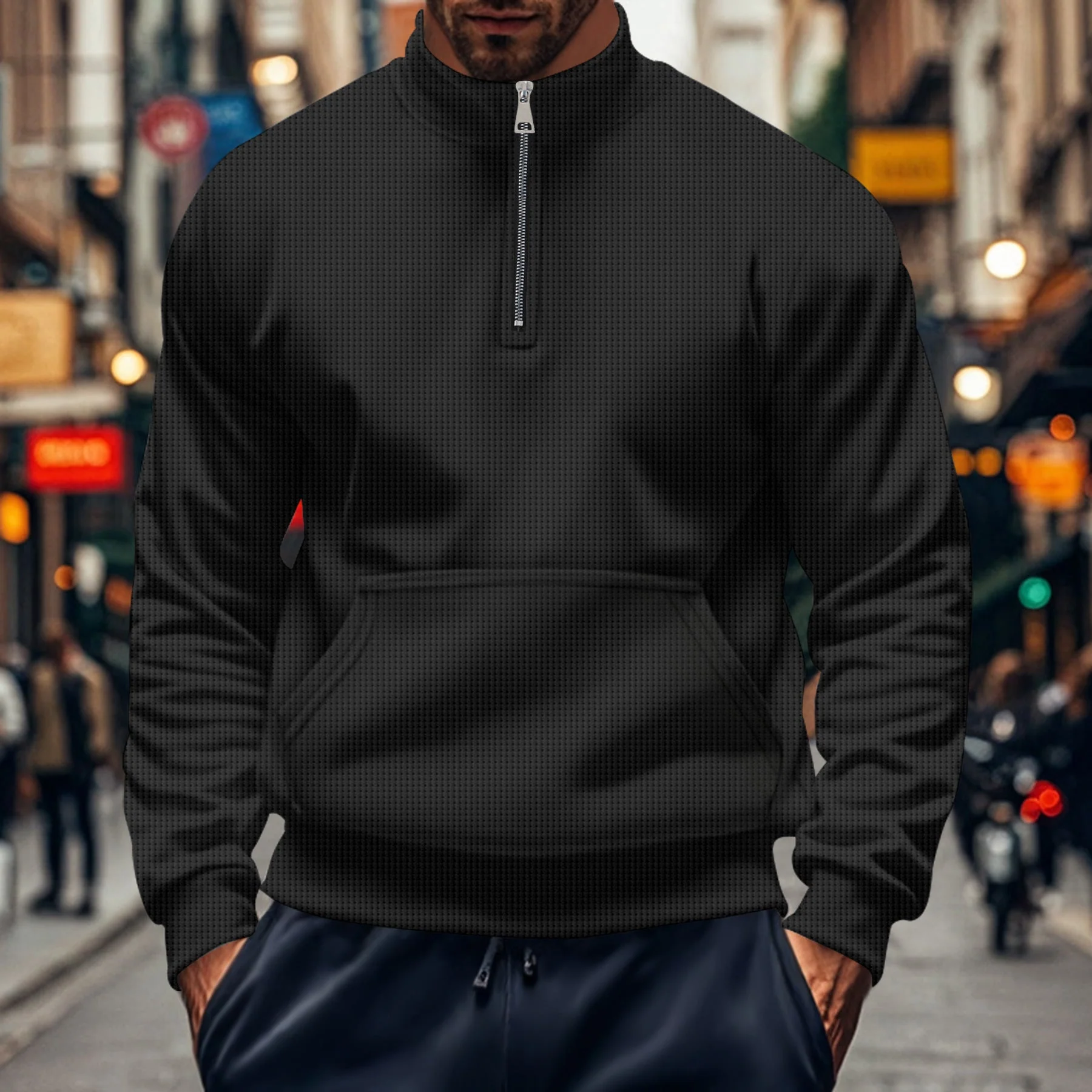 Men's Sweatshirt – Relaxed Fit – Half Zip – Kangaroo Pocket – Ribbed Cuffs – Cotton - Image 3