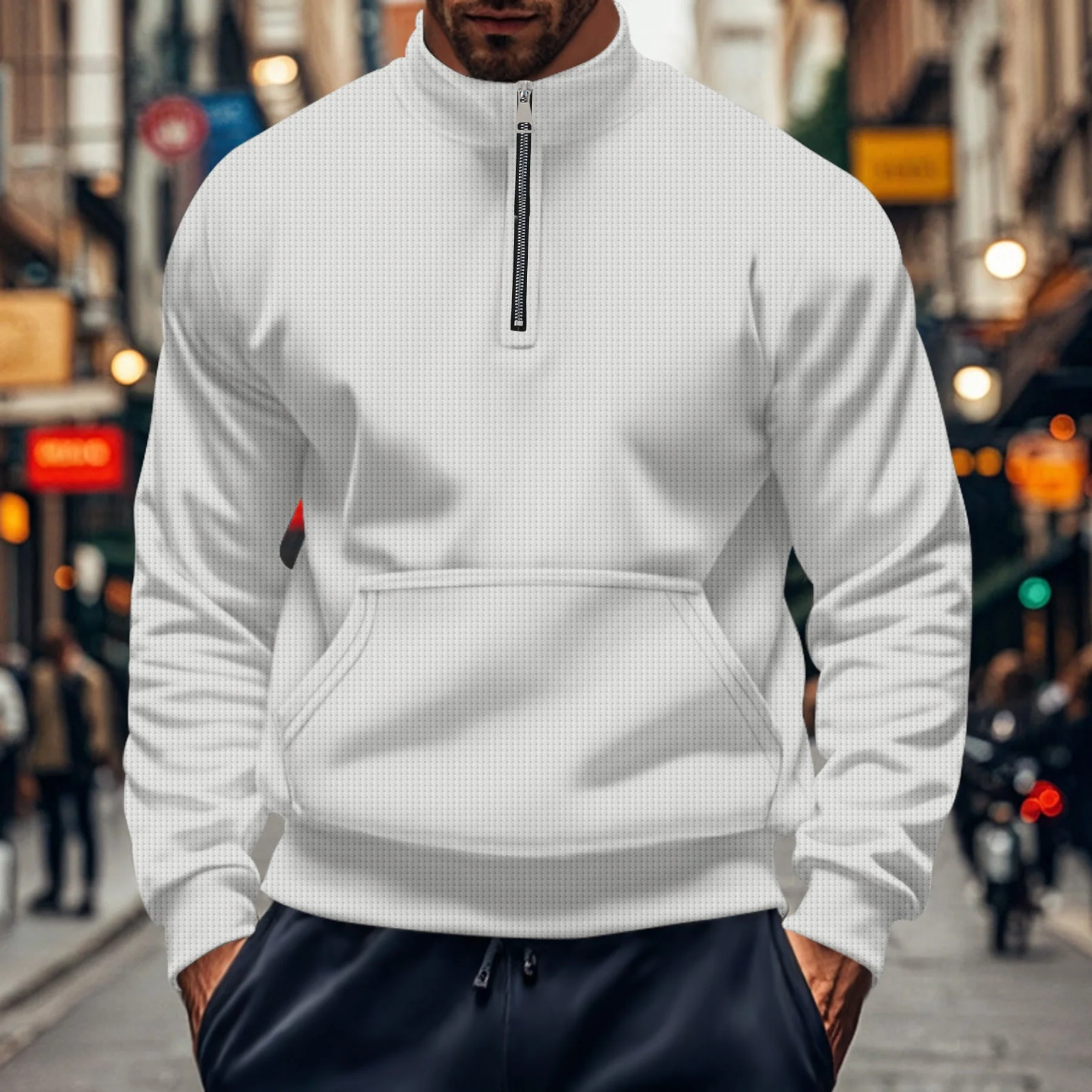 Men's Sweatshirt – Relaxed Fit – Half Zip – Kangaroo Pocket – Ribbed Cuffs – Cotton - Image 4