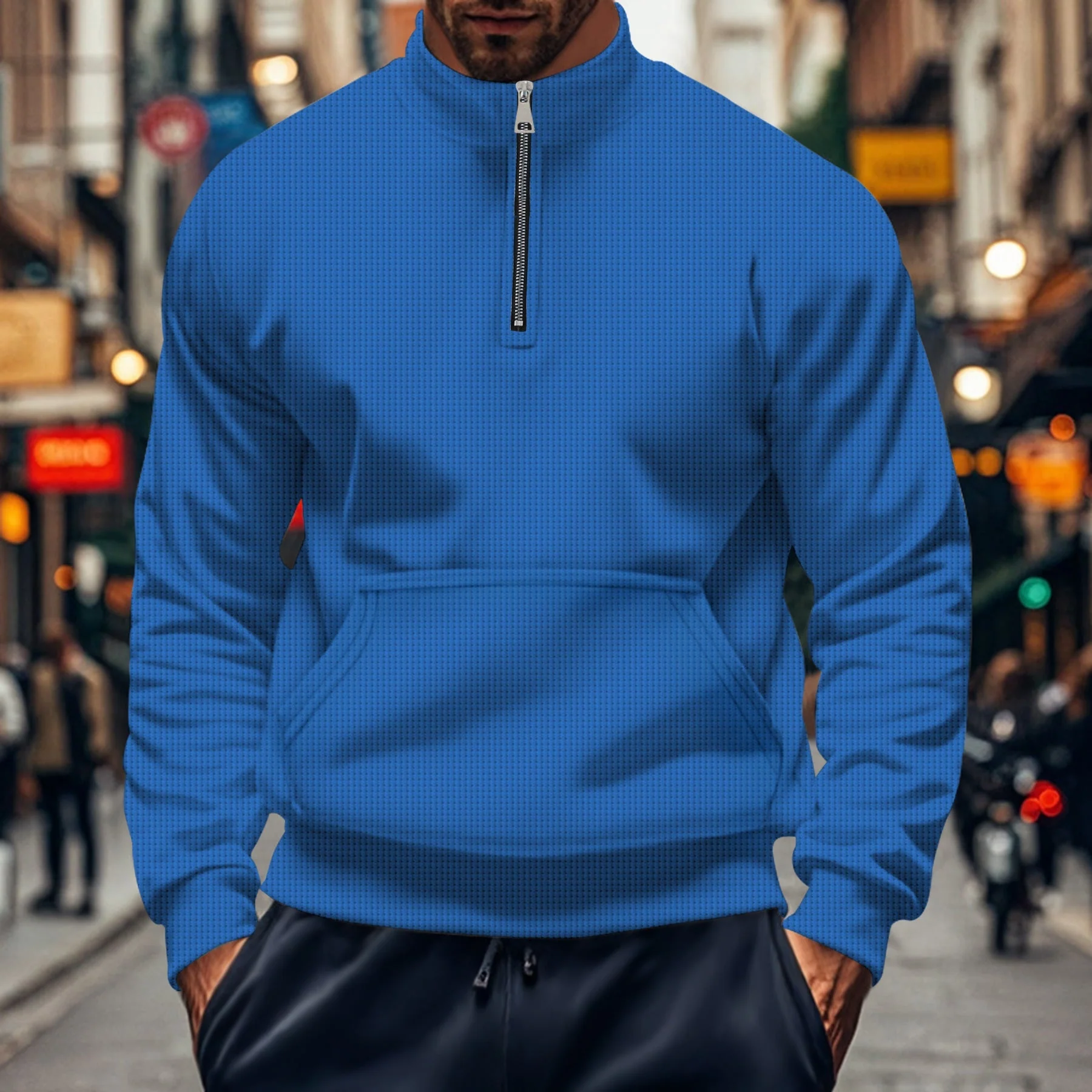 Men's Sweatshirt – Relaxed Fit – Half Zip – Kangaroo Pocket – Ribbed Cuffs – Cotton - Image 5