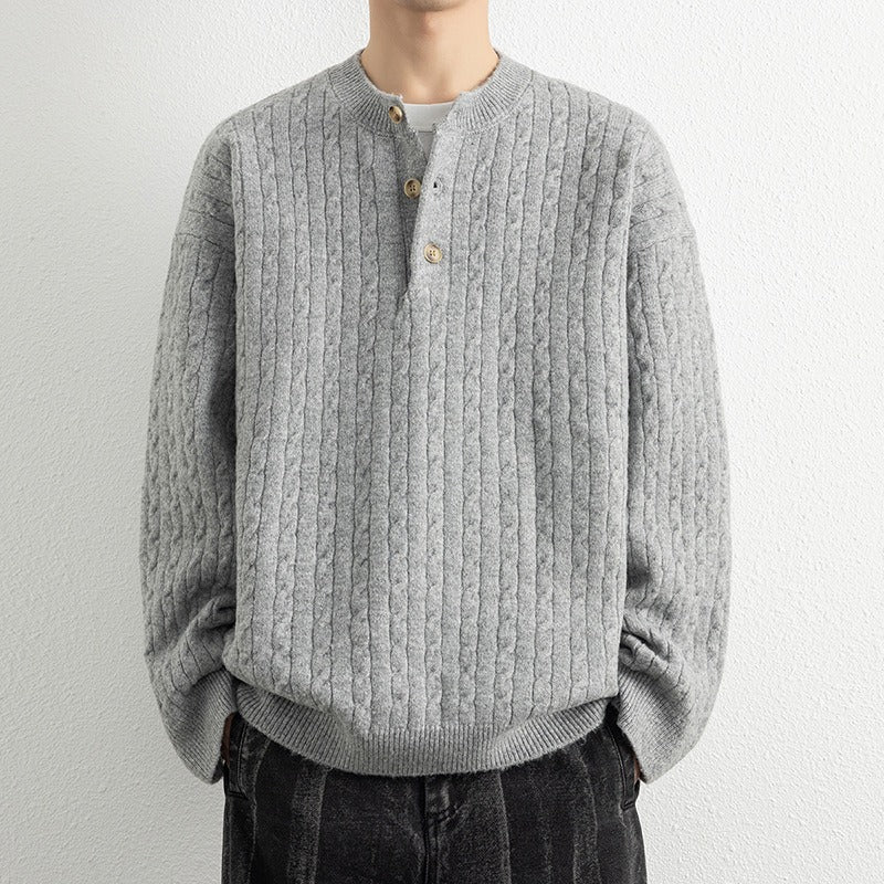 Men's sweatshirt – Relaxed fit – Cable knit – Henley neck – Ribbed cuffs - Image 2