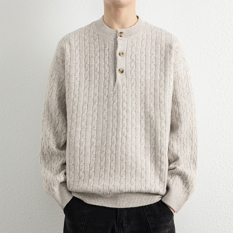Men's sweatshirt – Relaxed fit – Cable knit – Henley neck – Ribbed cuffs - Image 3