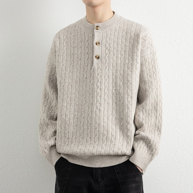 Men's sweatshirt – Relaxed fit – Cable knit – Henley neck – Ribbed cuffs - Image 4