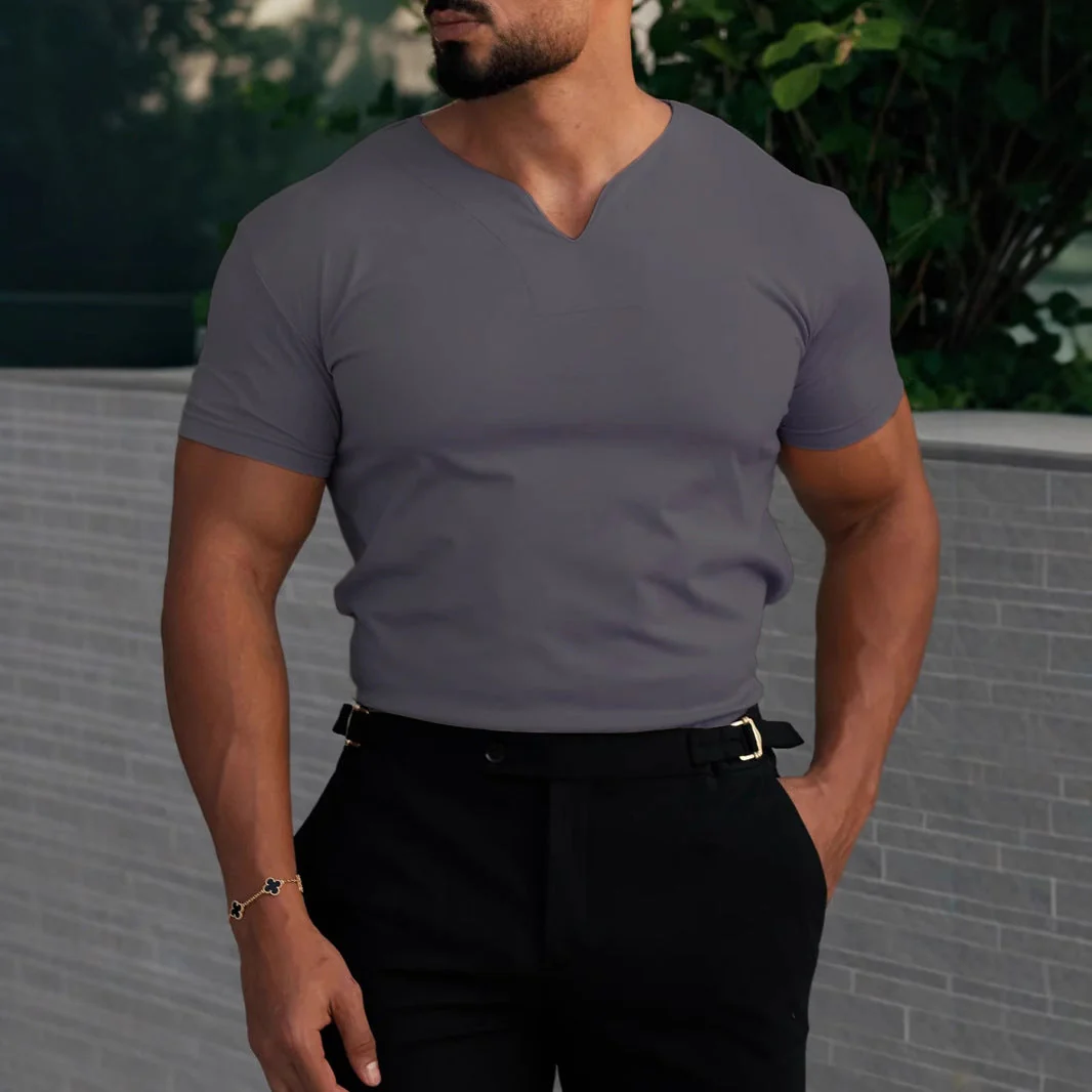 Men's T-shirt with V-neck – Slim Fit – Breathable Stretch Material – Short Sleeves - Image 2