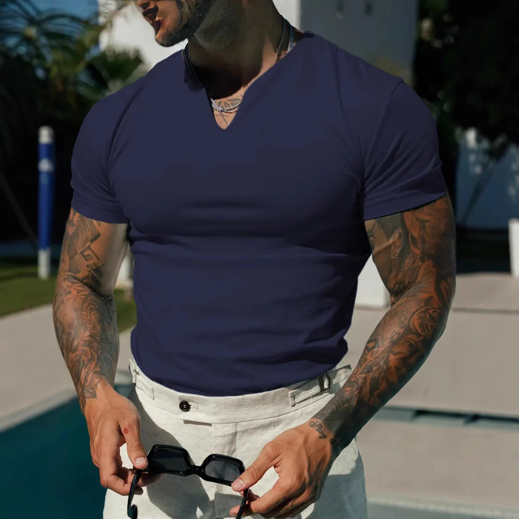 Men's T-shirt with V-neck – Slim Fit – Breathable Stretch Material – Short Sleeves - Image 4