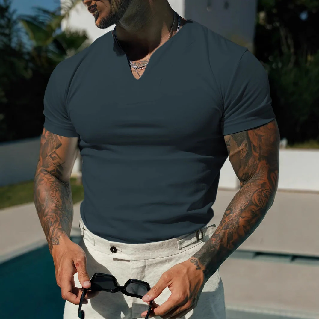 Men's T-shirt with V-neck – Slim Fit – Breathable Stretch Material – Short Sleeves - Image 5