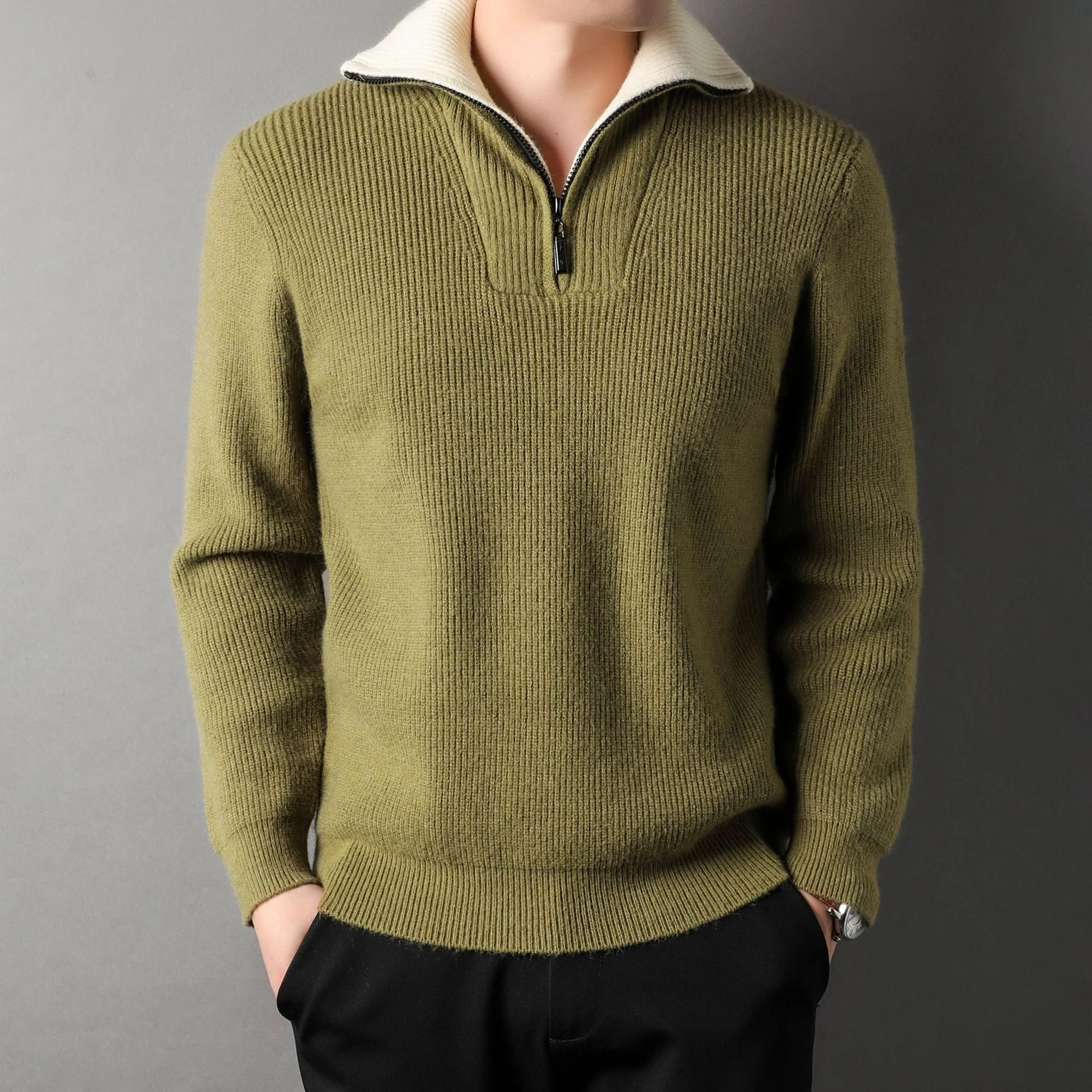 Men's Sweater – Relaxed Fit – Ribbed Texture – Stand-up Collar with Zipper - Image 2