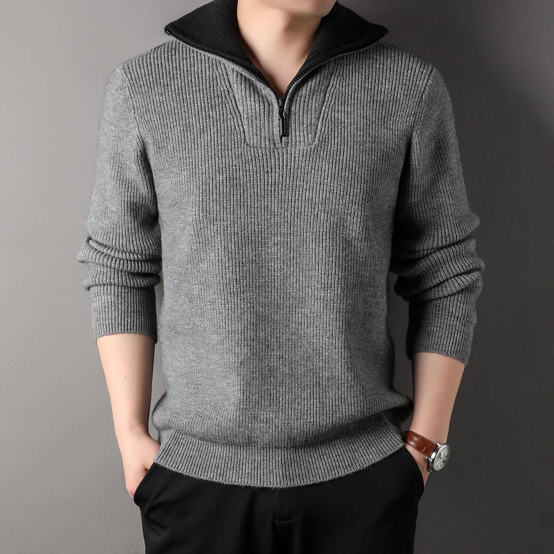 Men's Sweater – Relaxed Fit – Ribbed Texture – Stand-up Collar with Zipper - Image 3