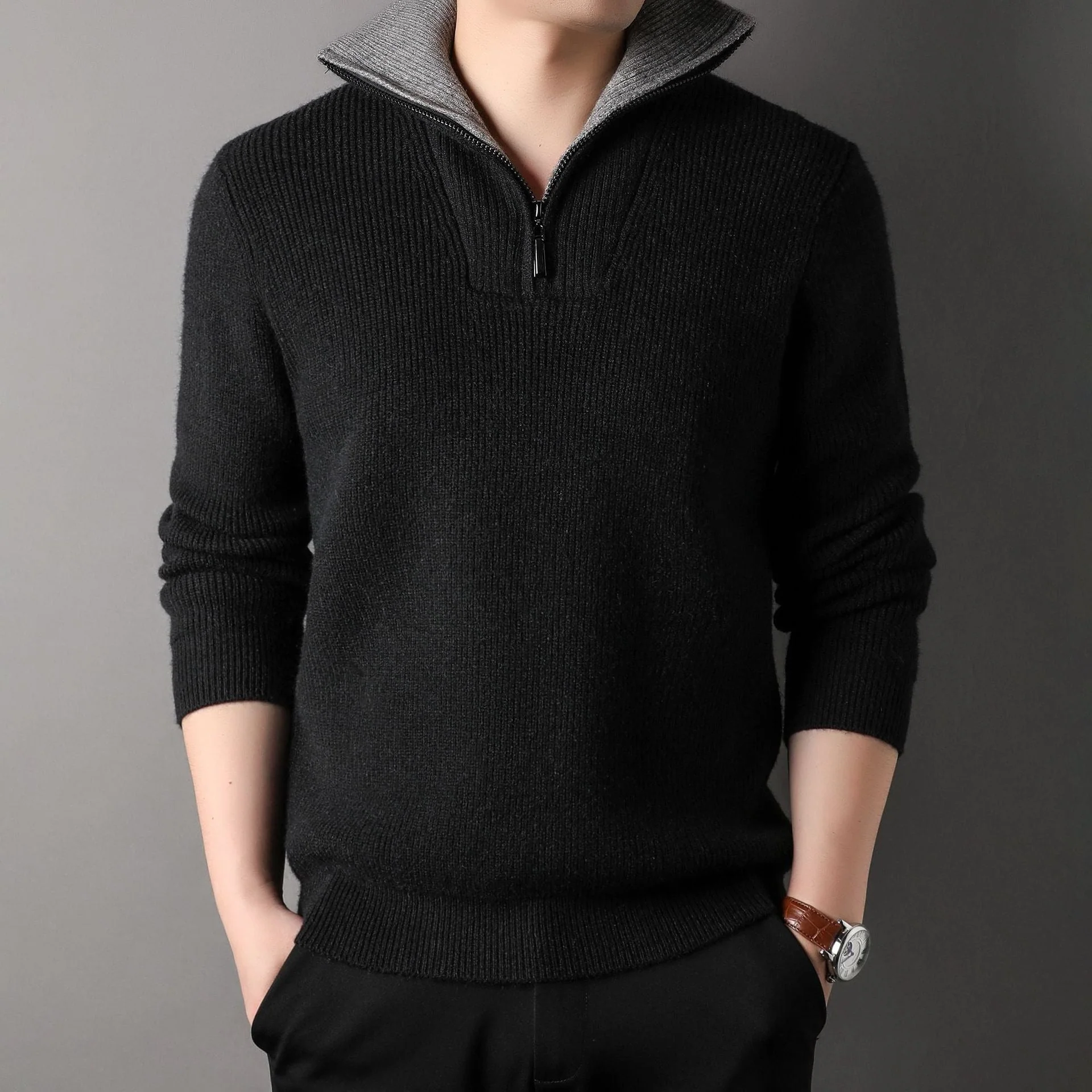 Men's Sweater – Relaxed Fit – Ribbed Texture – Stand-up Collar with Zipper - Image 4