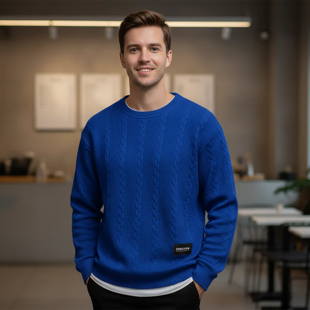 Men's sweater – Relaxed fit – Wool – Cable pattern – Ribbed edges - Image 2