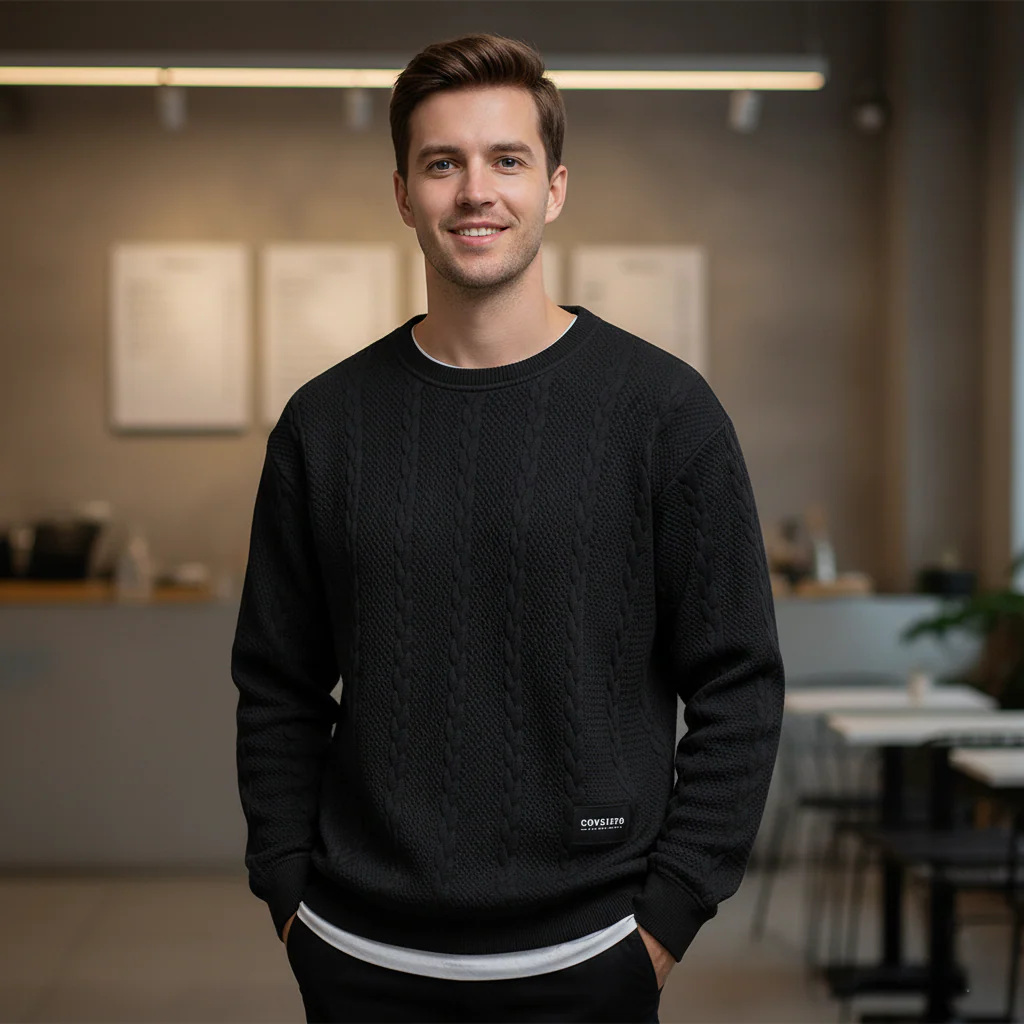 Men's sweater – Relaxed fit – Wool – Cable pattern – Ribbed edges - Image 3