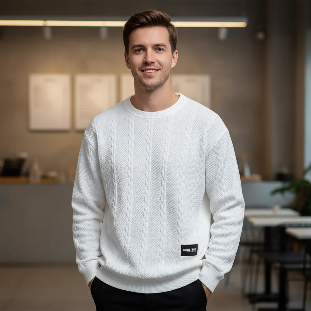 Men's sweater – Relaxed fit – Wool – Cable pattern – Ribbed edges - Image 4