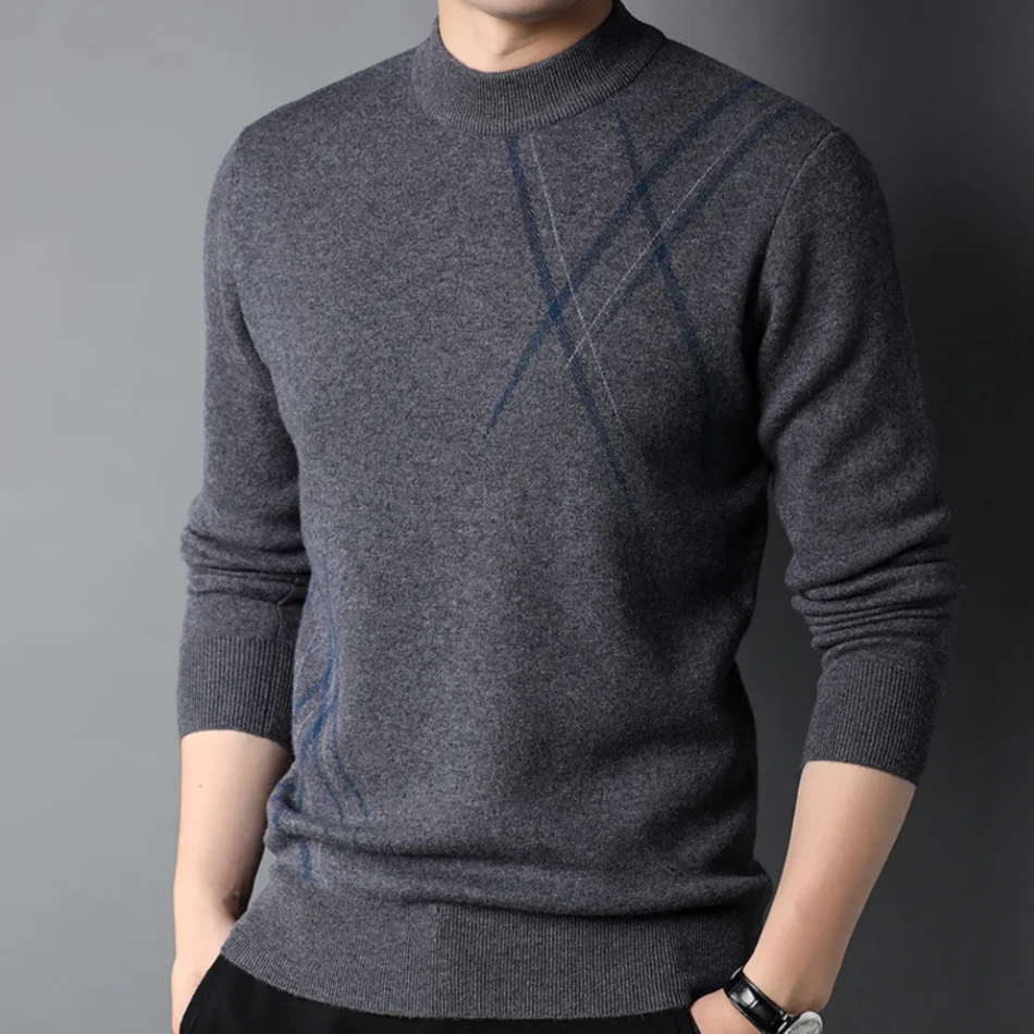 Men's Sweater – Slim Fit – Wool Mix – Ribbed Hem – Diagonal Knitted Pattern - Image 3