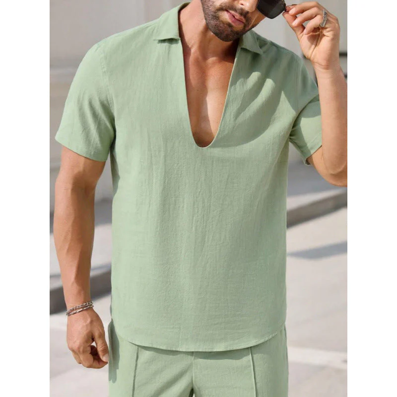 Men's Two-Piece Set – Breathable Material – Relaxed Fit – Short Sleeves & Long Pants - Image 3