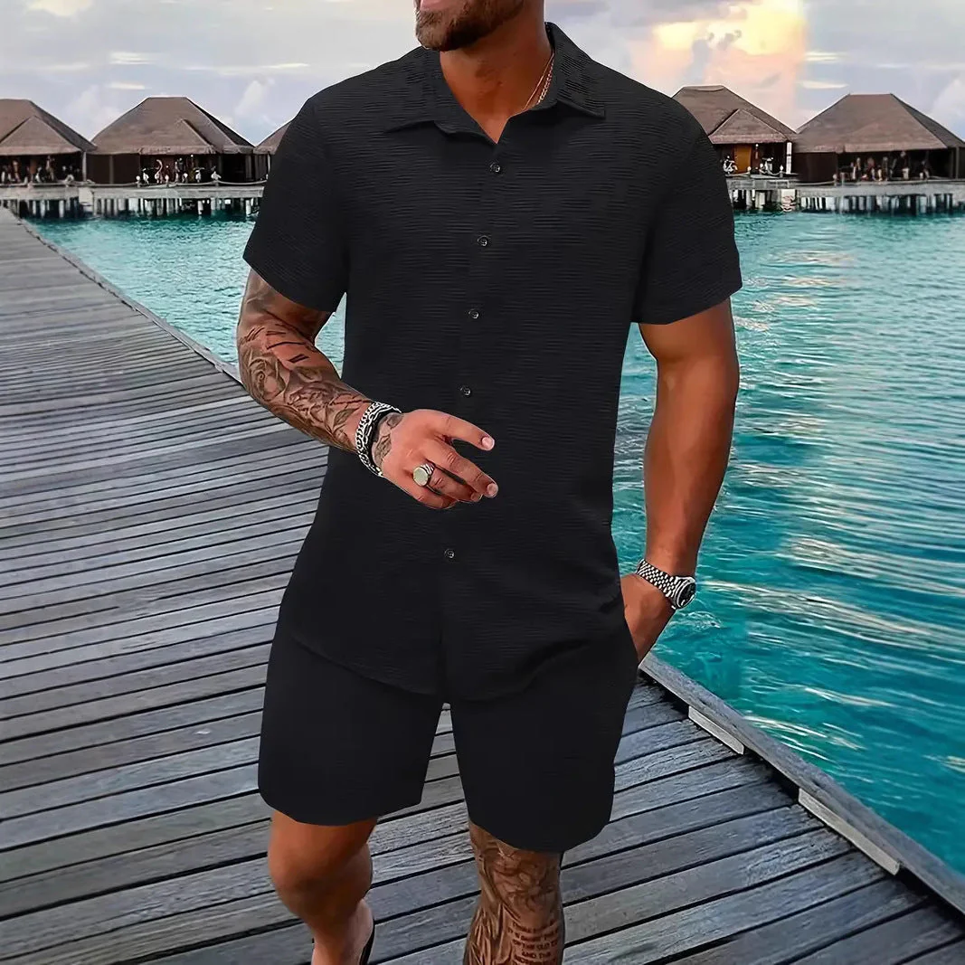 Men's Two-Piece Set – Relaxed Fit – Breathable – Button Closure – Jacquard Details - Image 2