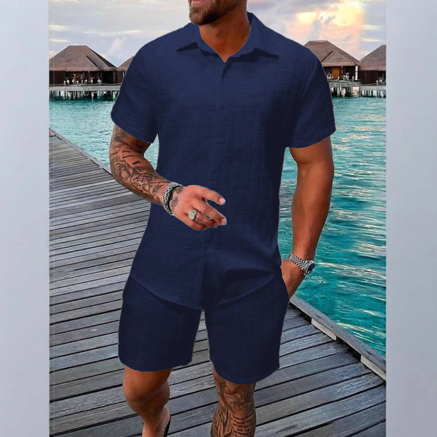 Men's Two-Piece Set – Relaxed Fit – Breathable – Button Closure – Jacquard Details - Image 3