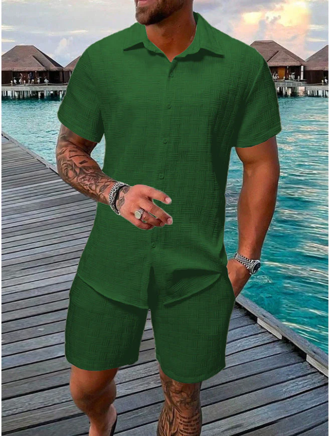 Men's Two-Piece Set – Relaxed Fit – Breathable – Button Closure – Jacquard Details - Image 4