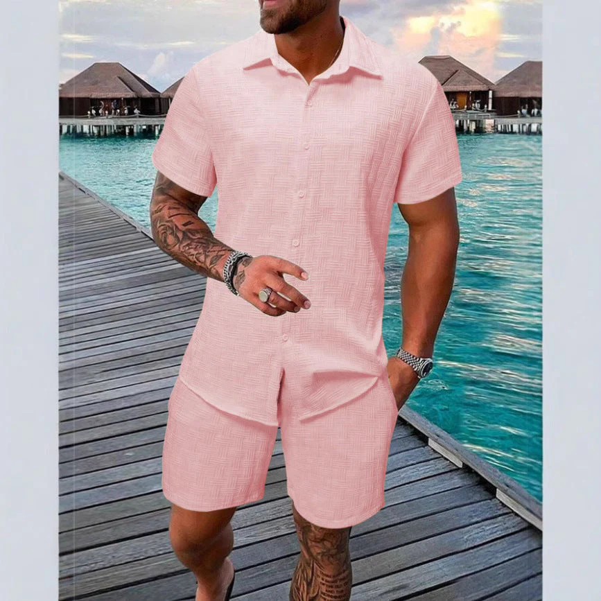 Men's Two-Piece Set – Relaxed Fit – Breathable – Button Closure – Jacquard Details - Image 5