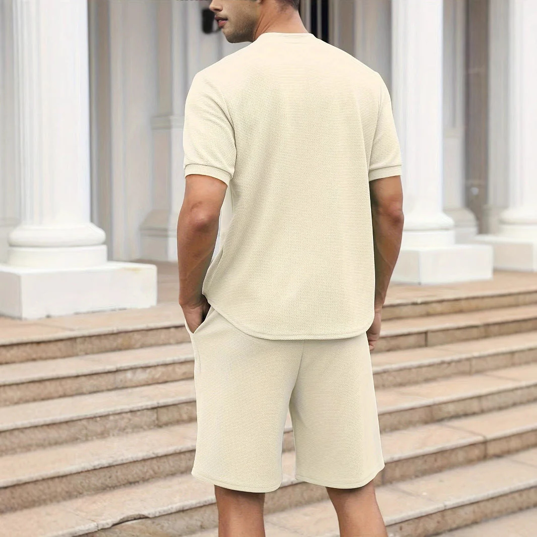 Men's Two-Piece Set – Relaxed Fit – Waffle Texture – Breathable – Short Sleeves & Shorts - Image 3