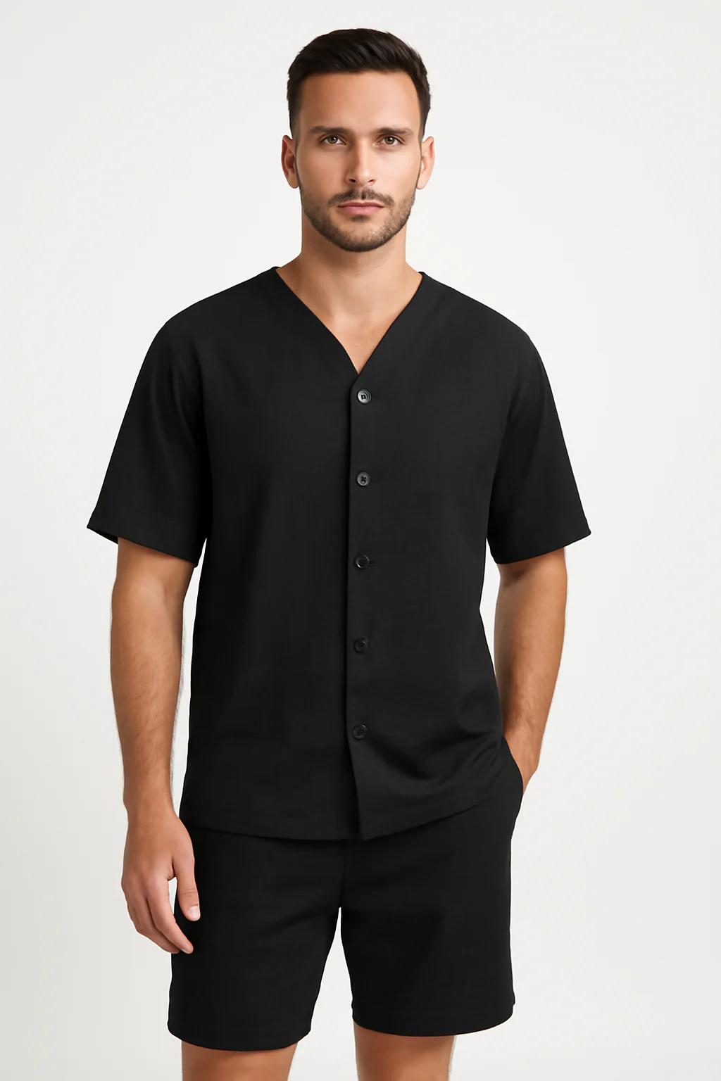 Men's Two-Piece Set – V-neck Shirt with Button Closure – Relaxed Fit Shorts – Breathable Fabric - Image 2