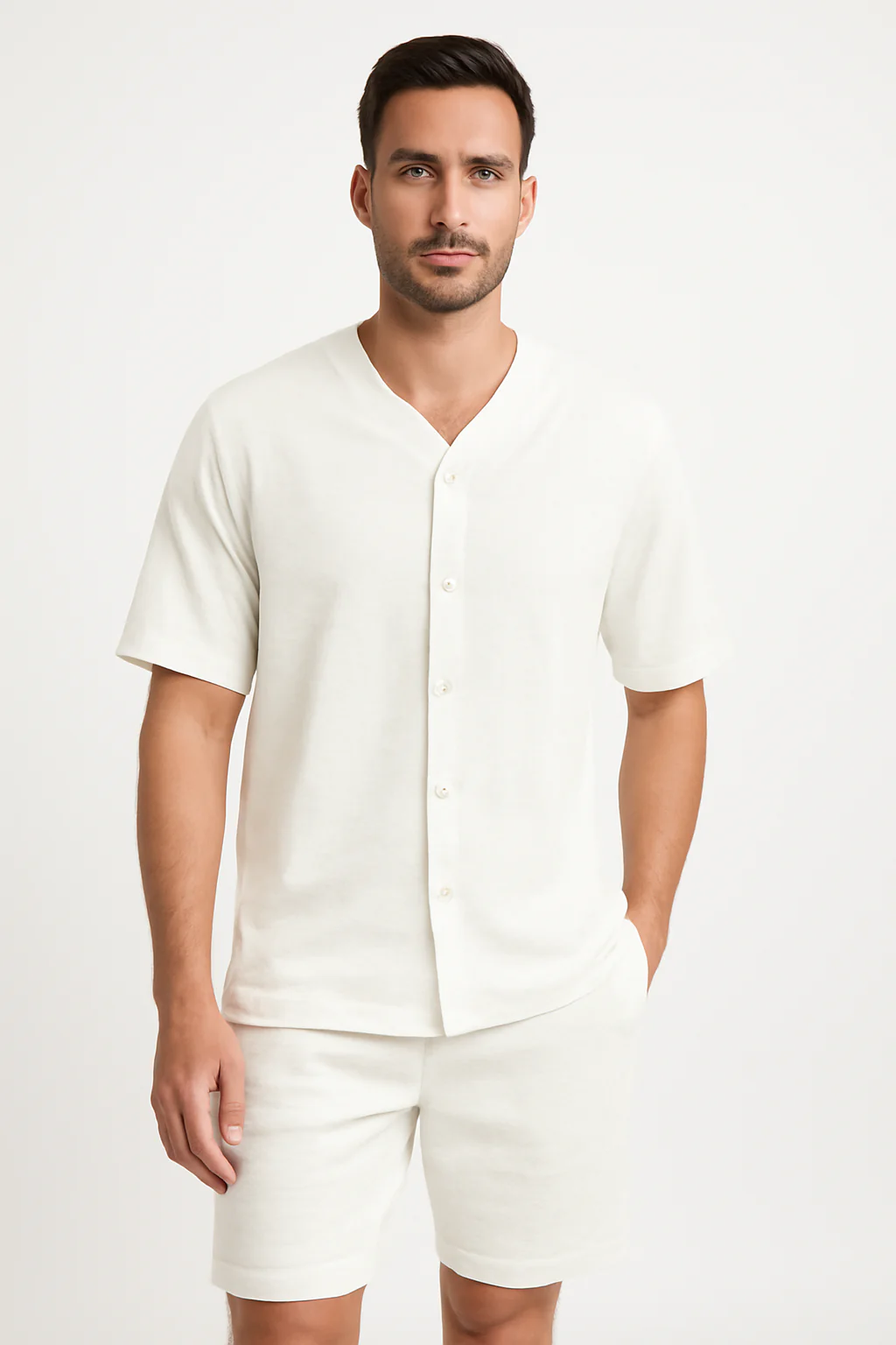 Men's Two-Piece Set – V-neck Shirt with Button Closure – Relaxed Fit Shorts – Breathable Fabric - Image 3