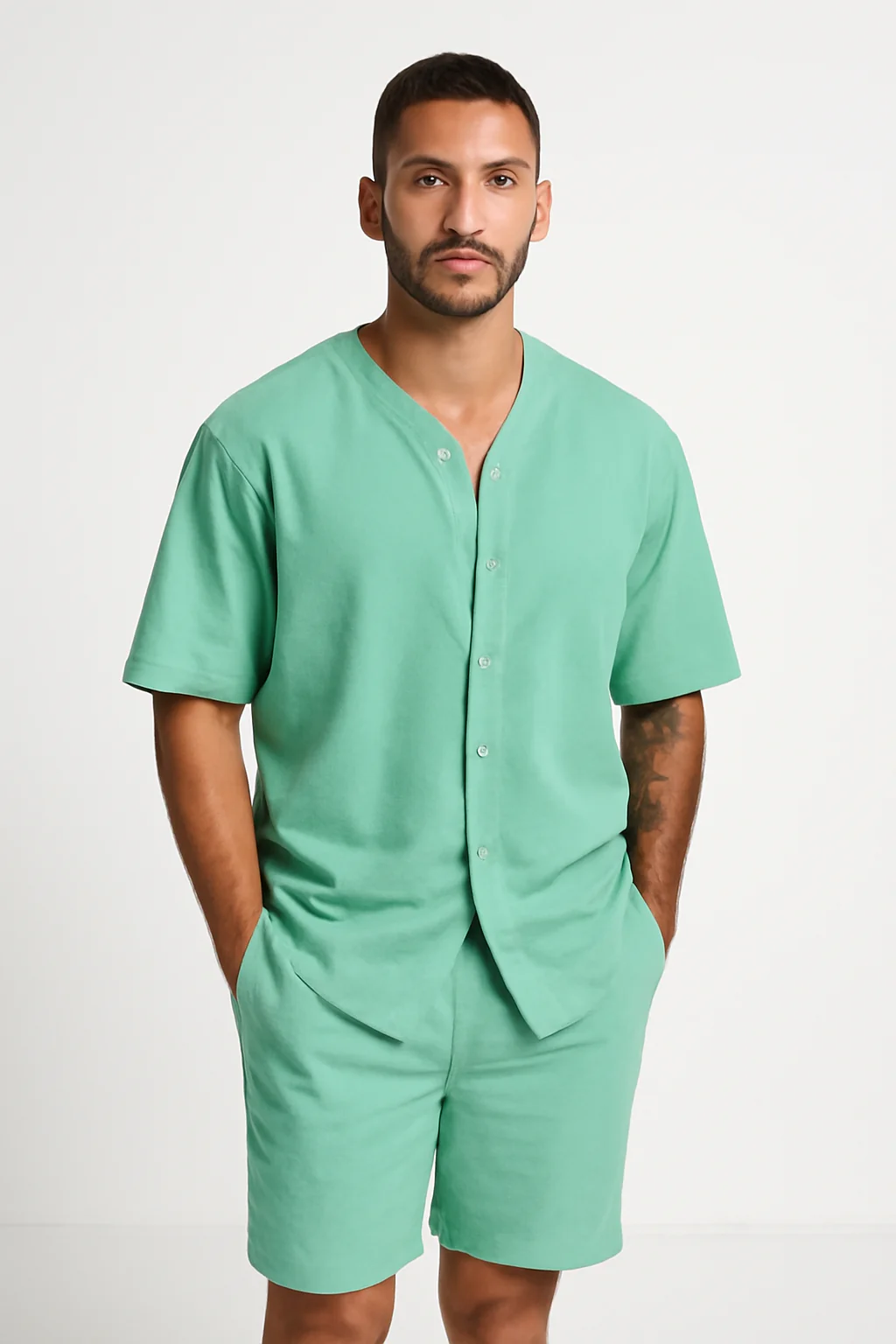 Men's Two-Piece Set – V-neck Shirt with Button Closure – Relaxed Fit Shorts – Breathable Fabric - Image 4