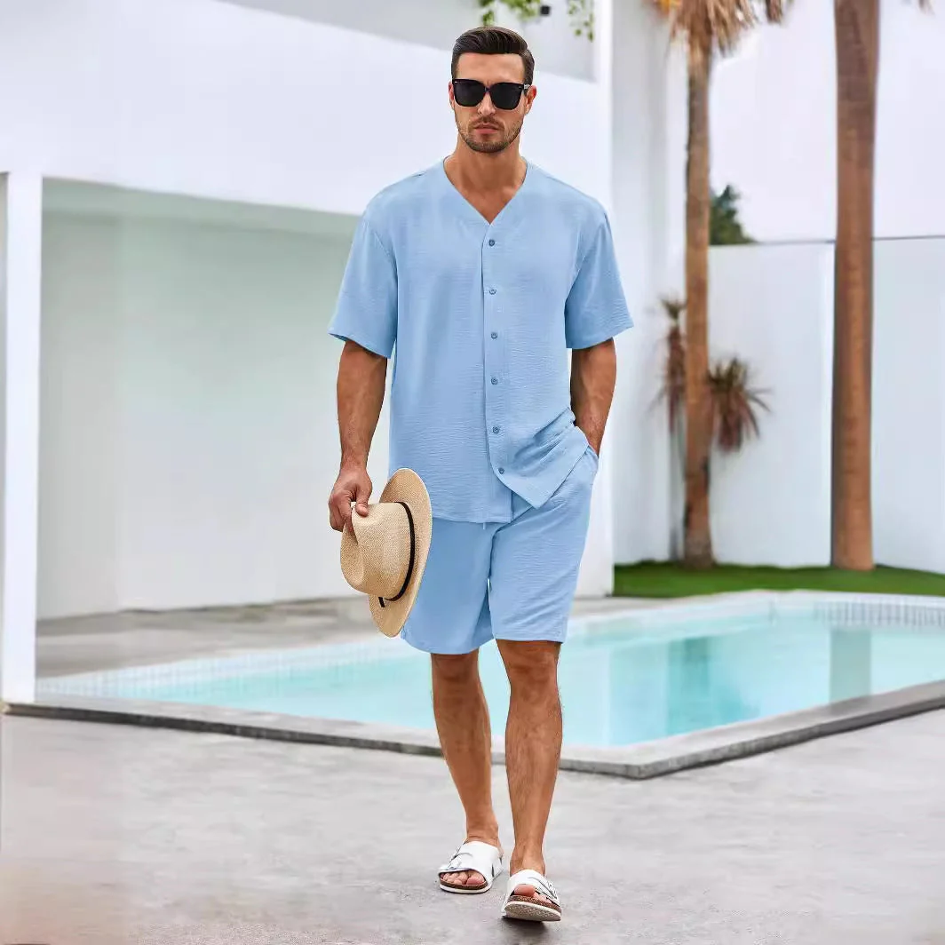 Men's Two-Piece Set – V-neck Shirt with Button Closure – Relaxed Fit Shorts – Breathable Fabric - Image 5