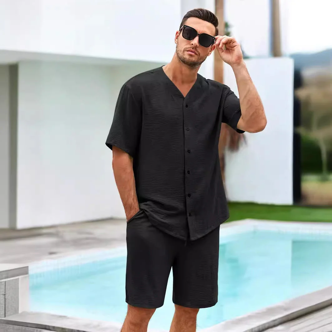 Men's Two-Piece Set – V-neck Shirt with Button Closure – Relaxed Fit Shorts – Breathable Fabric - Image 6