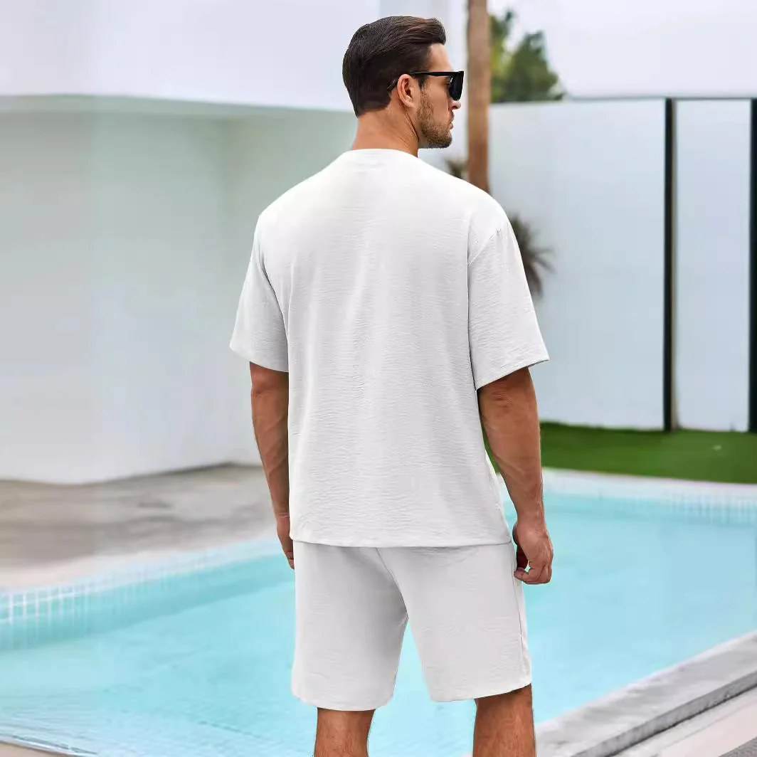 Men's Two-Piece Set – V-neck Shirt with Button Closure – Relaxed Fit Shorts – Breathable Fabric - Image 7