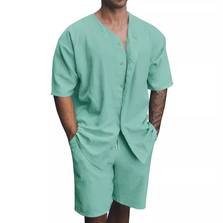 Men's Two-Piece Set – V-neck Shirt with Button Closure – Relaxed Fit Shorts – Breathable Fabric - Image 8